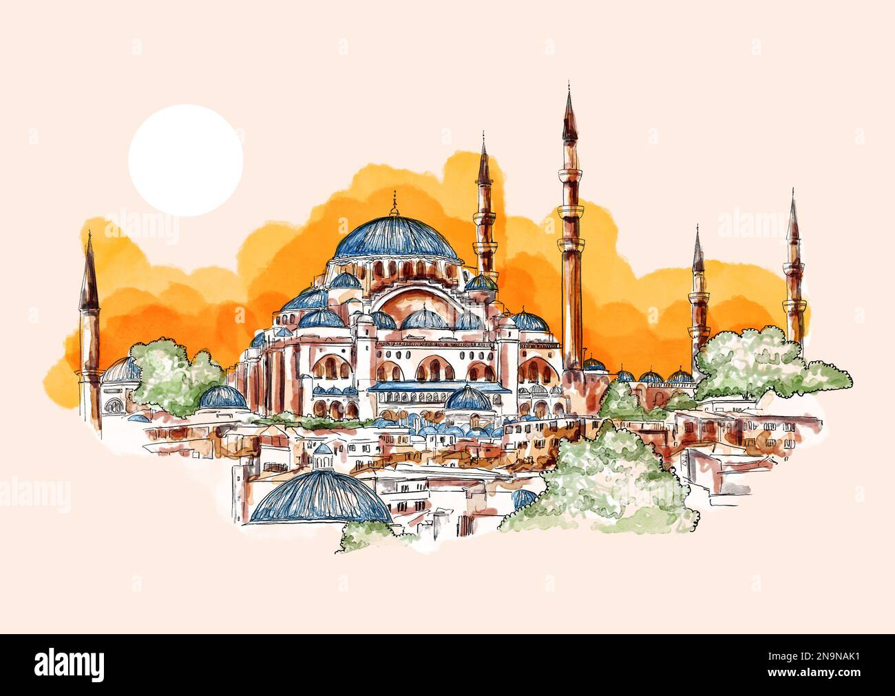 Watercolor hand drawn sketch of Aya Sofya, Hagia Sophia Mosque, Istanbul, Turkey. A famous sightseeing of Turkey. Stock Photo