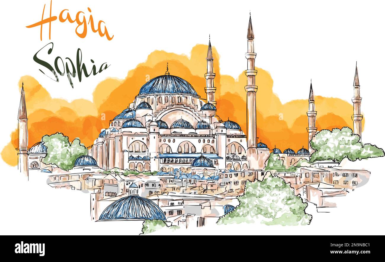 Watercolor hand drawn sketch of Aya Sofya, Hagia Sophia Mosque, Istanbul, Turkey. A famous sightseeing of Turkey. Stock Vector