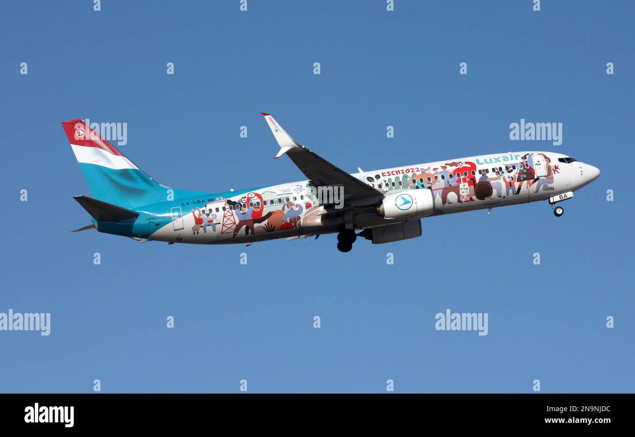 A Boeing 737-800 of Luxair in a special scheme promoting the city of Esch as a cultural capital see departing Lanzarote Arrecife Airport Canaries Stock Photo