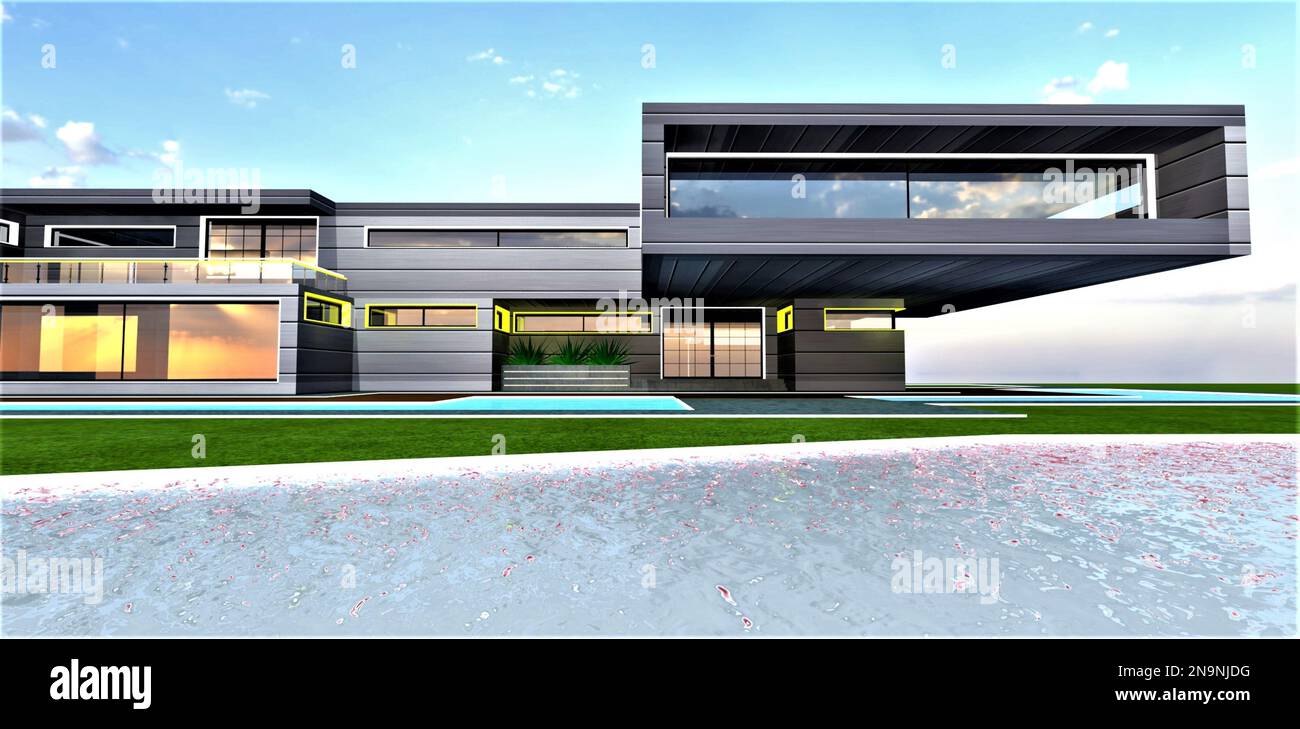 Transparent water of the river with green bank. Modern suburban estate constructed according to individual design. 3d rendering. Stock Photo