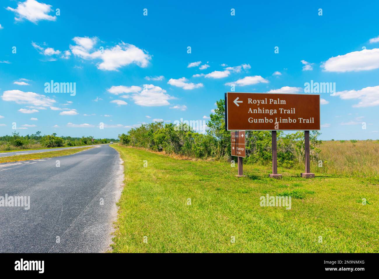 Directional Signs to Destinations in Everglades National Park, Southern Florida, USA Stock Photo