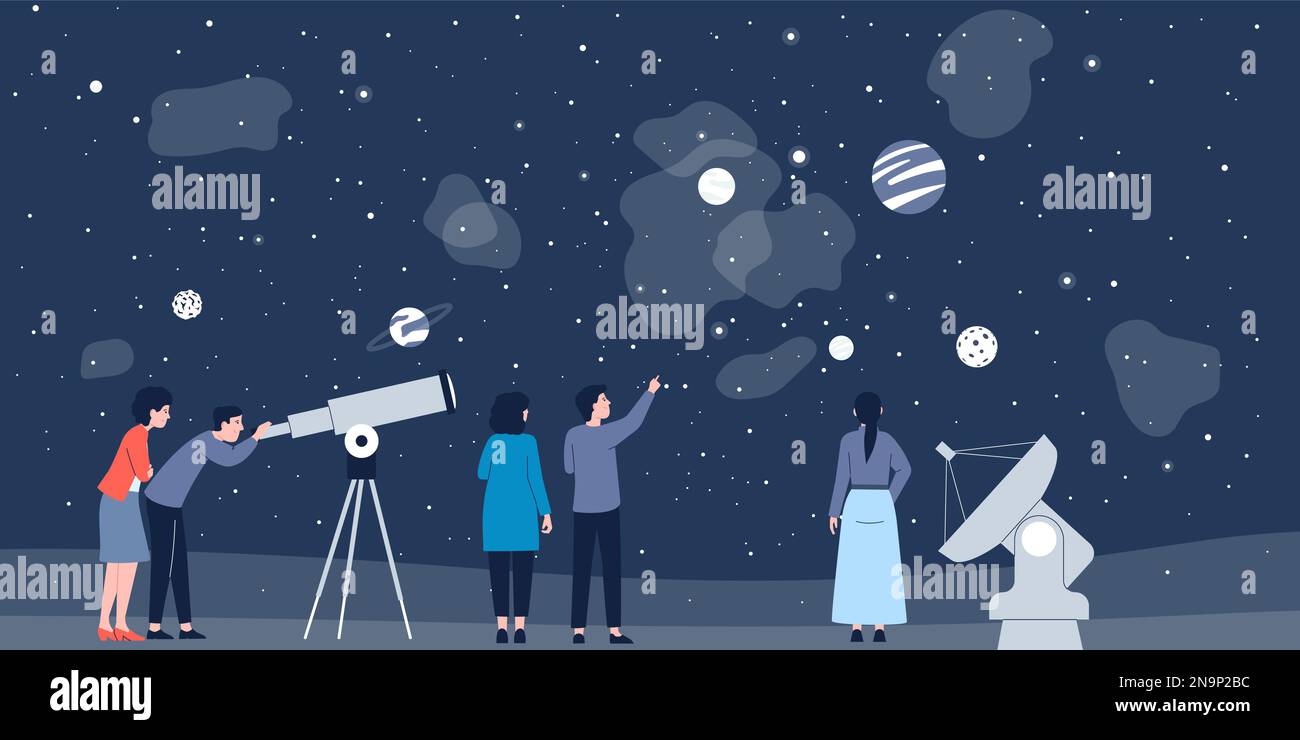 Astronomy science explorer. People studying mysterious constellation and watching space in telescope. Explore universe and planets recent vector scene Stock Vector