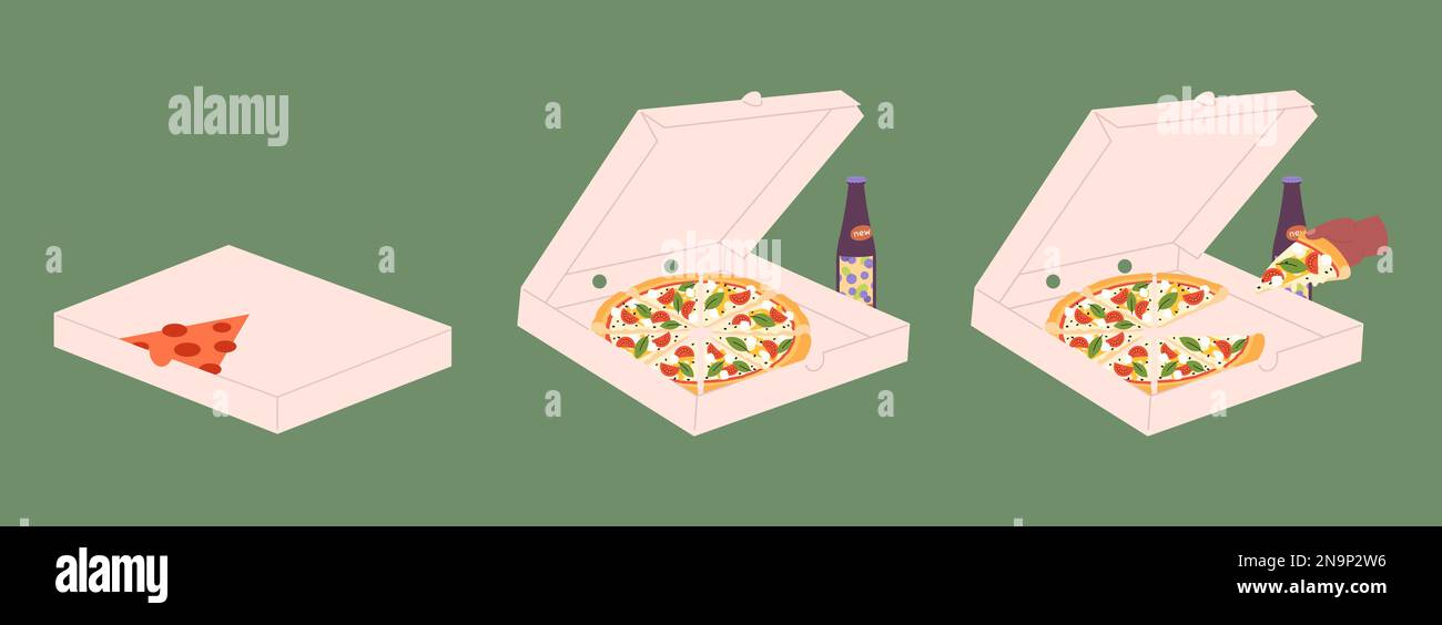 Pizzeria delivery service. Pizza dinner or lunch, italian food in box