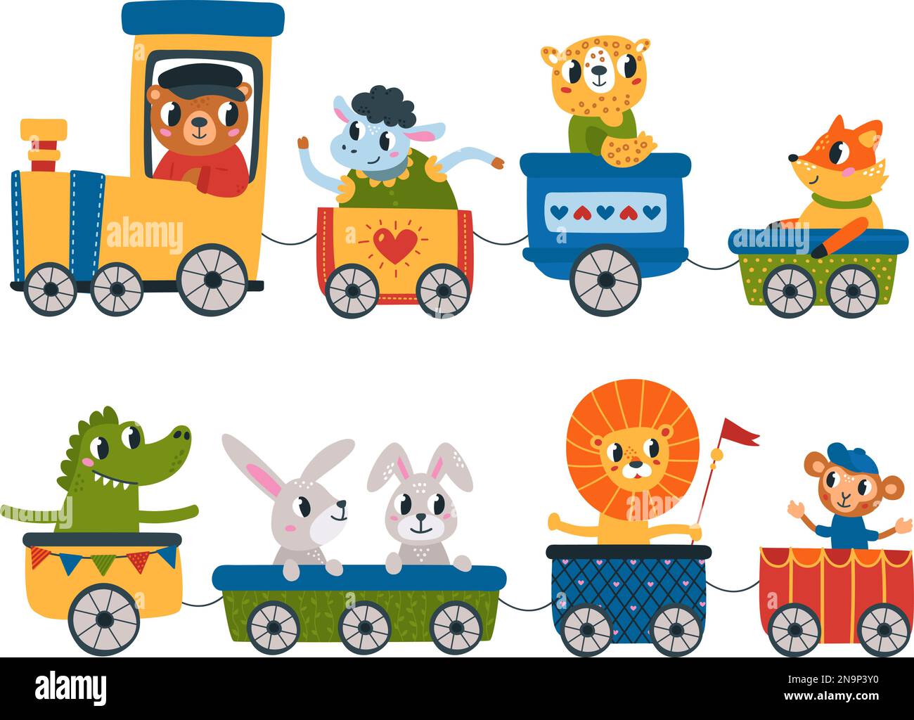 Cute animals zoo train. Children animal safari transport, cartoon lion bear fox. Baby wild
