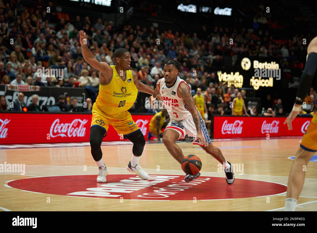 Damien Inglis of Gran Canaria (L) and Chris Jones of Valencia basket (R) in action during the J20 Liga Endesa at Fuente de San Luis Sport Hall (Valenc Stock Photo