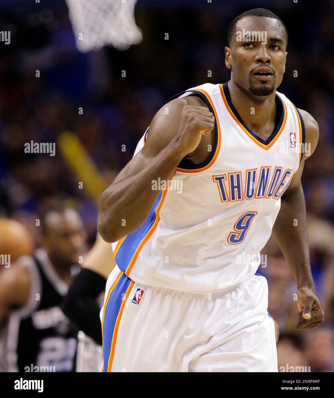 Oklahoma City Thunder Power Forward Serge Ibaka 9 From The Republic Of Congo Reacts Against 9656