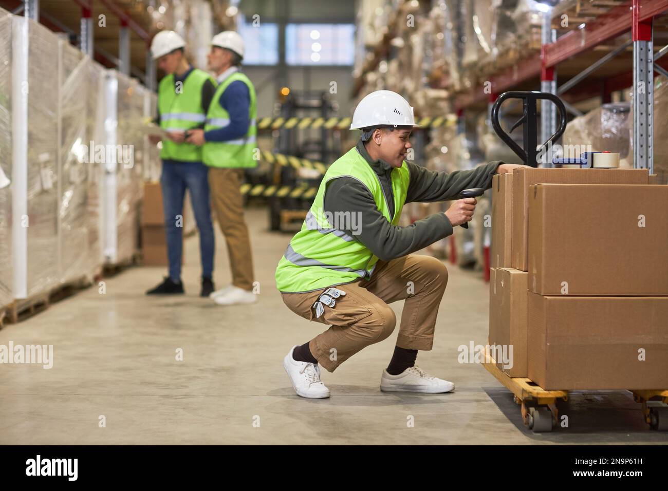 Side view portrait of female worker scanning codes on boxes ready for ...