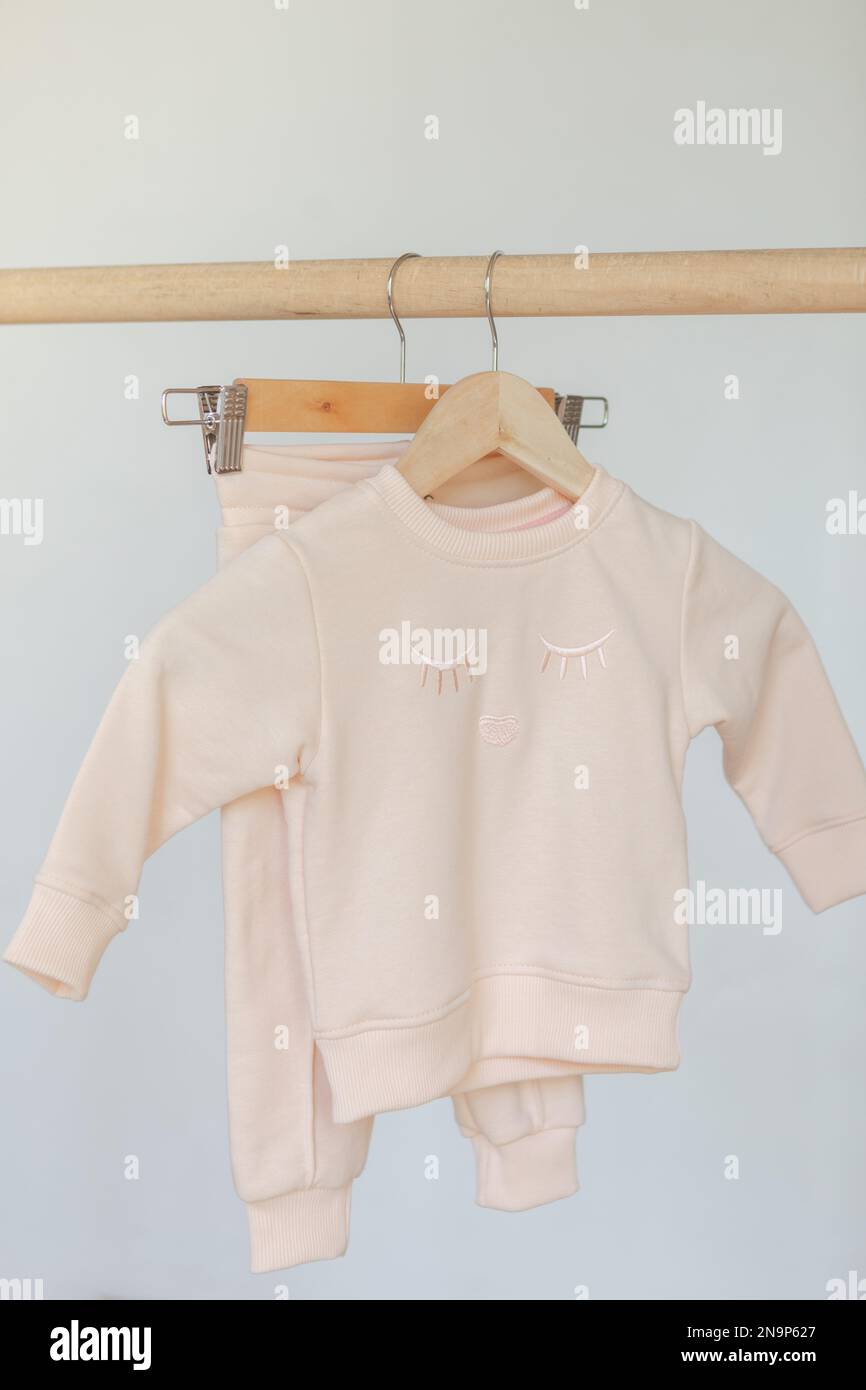 Aesthetic minimalist baby fashion.pastel shades of children's clothing Stock Photo
