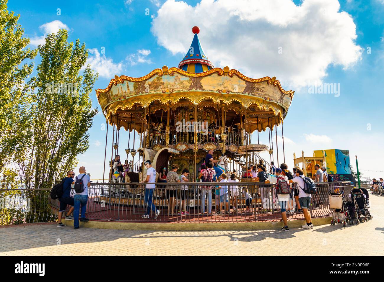 One of the oldest still operating vintage carousels at Tibidabo Amusement Park, Barcelona, Spai Stock Photo
