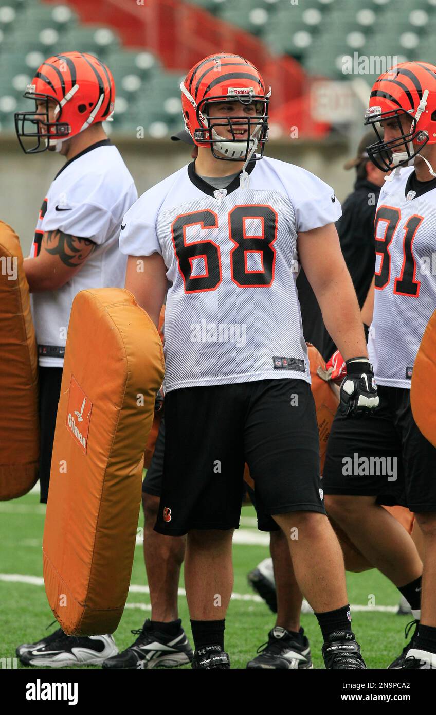 Cincinnati Bengals guard Kevin Zeitler (68) hits a blocking pad during  practice at the NFL football team's rookie camp, Friday, May 11, 2012, at  Paul Brown Stadium in Cincinnati. (AP Photo/Tony Tribble