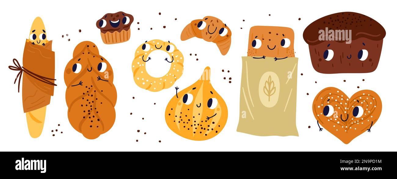 Bread characters. Bakery creatures with funny faces and hands. Happy
