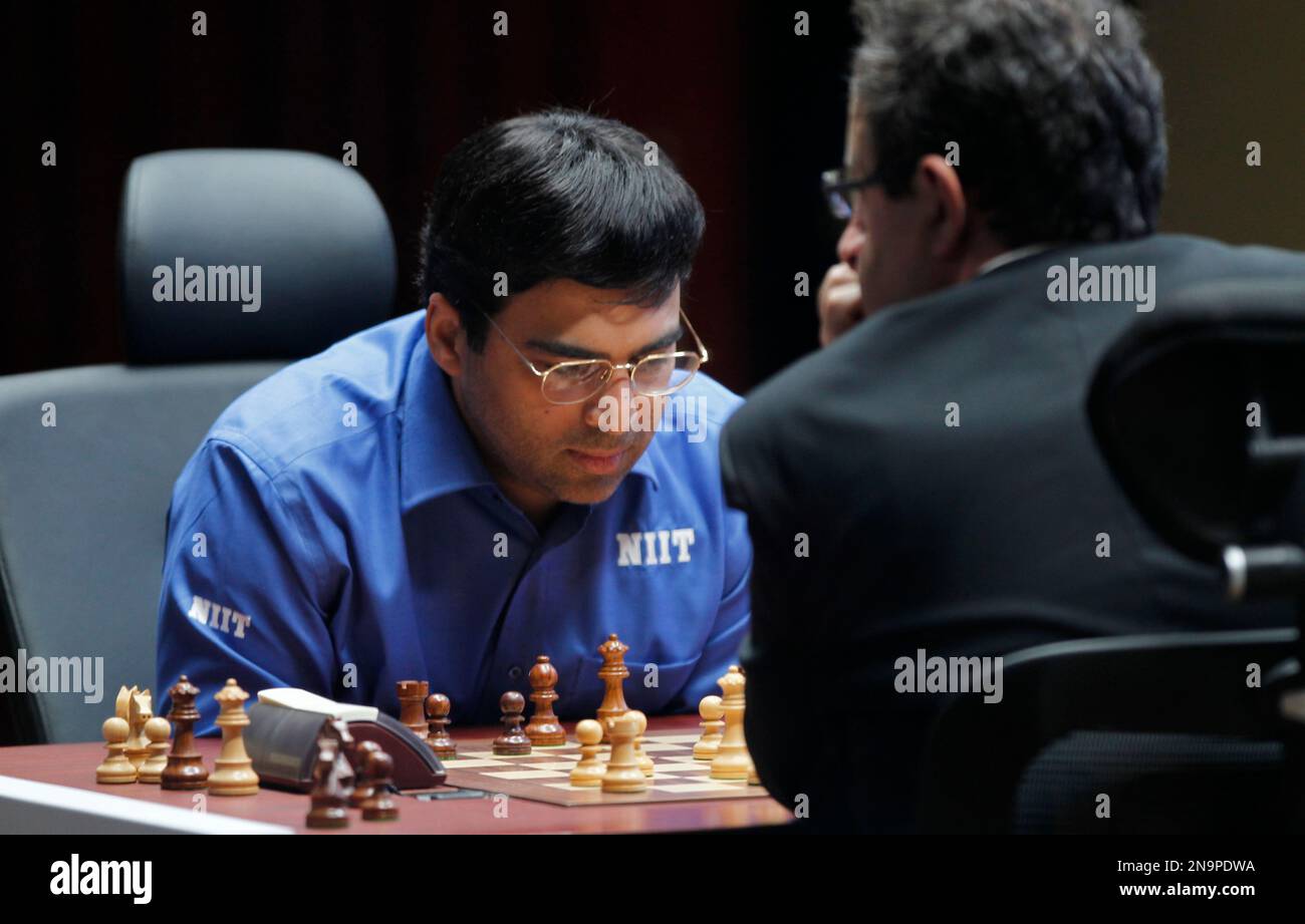 Defending World champion Viswanathan Anand, from India, contemplates his  next move during the eighth game of the Chess World Championship between  him and Russia's Vladimir Kramnik in the Art and Exhibition Hall