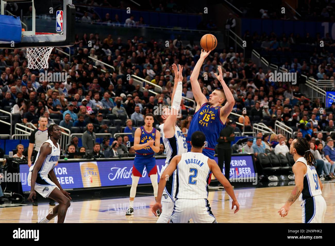 Orlando, United States. 09th Feb, 2023. Orlando, USA, February, 9th 2023: Nikola Jokic (15 Denver) shoots the ball during the NBA basketball match between Orlando Magic and Denver Nuggets at Amway Center in Orlando, Florida, United States. (No commercial usage) (Daniela Porcelli/SPP) Credit: SPP Sport Press Photo. /Alamy Live News Stock Photo