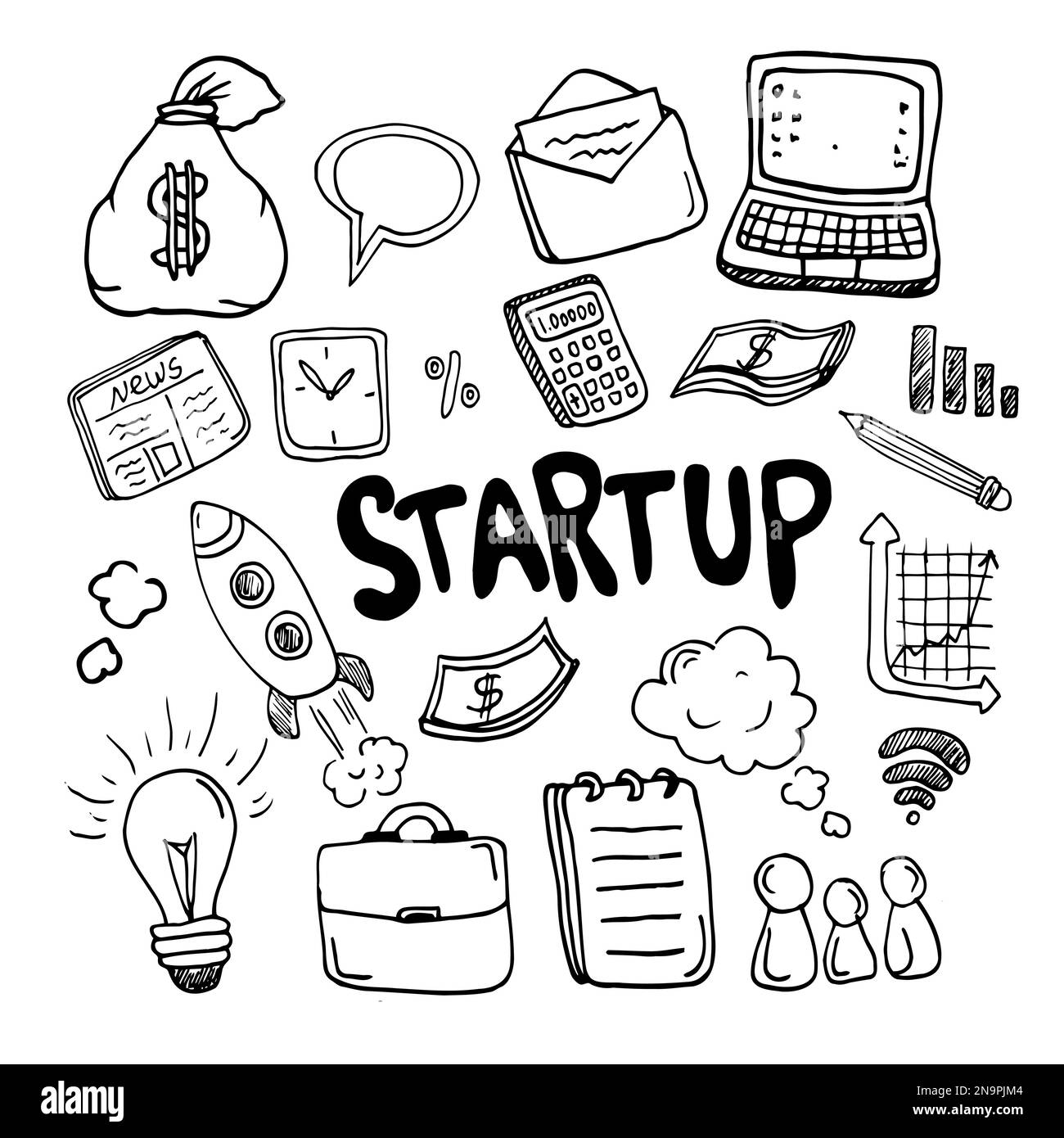 Set of vector doodle element related to startup. Set of hand drawn fresh tech company symbols and icons. Stock Vector