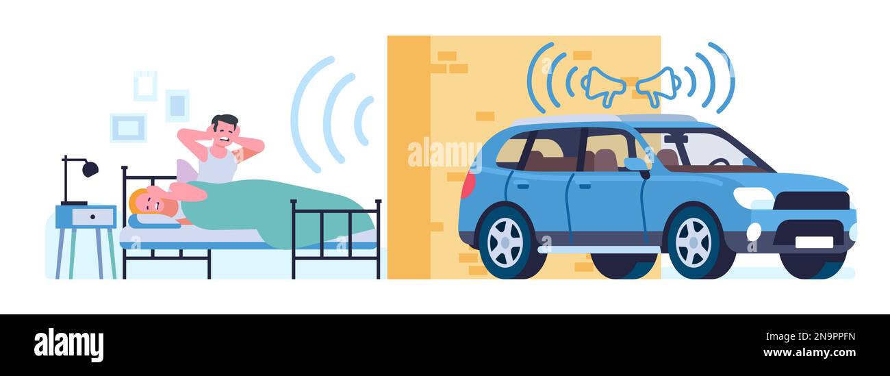 Loud car alarms disturb sleeping people. Man and woman suffering from