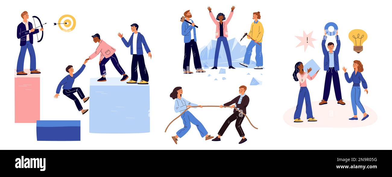 Team building office games. Icebreaker activity with employees. Tug-of-war and archery. Business playing. People in strict suits perform tasks Stock Vector