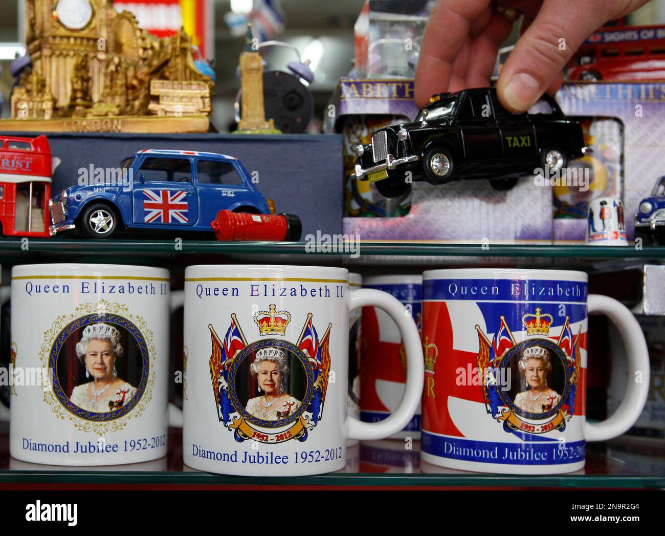 Diamond Jubilee souvenirs are seen on display in a shop on Oxford