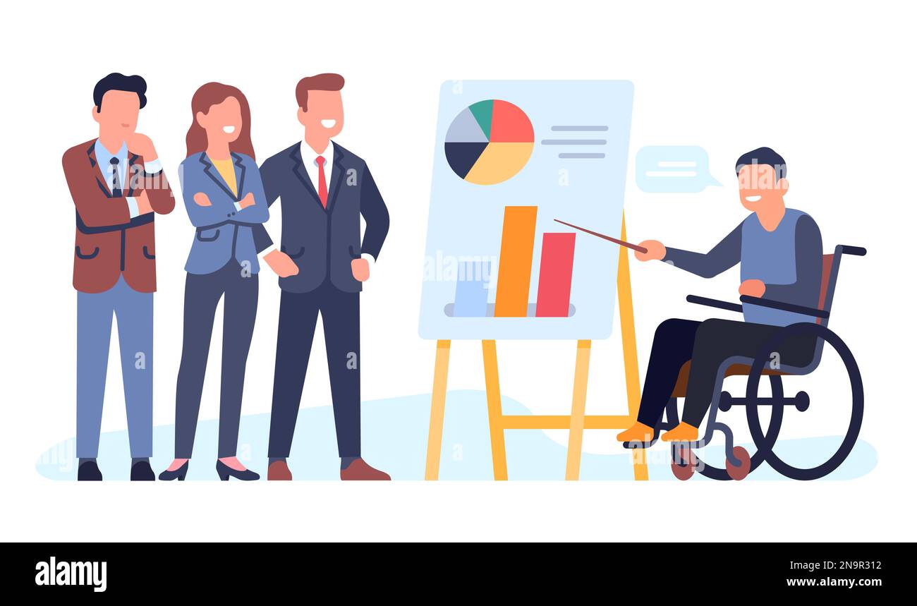 Guy in wheelchair presents infographic on flipchart. Business
