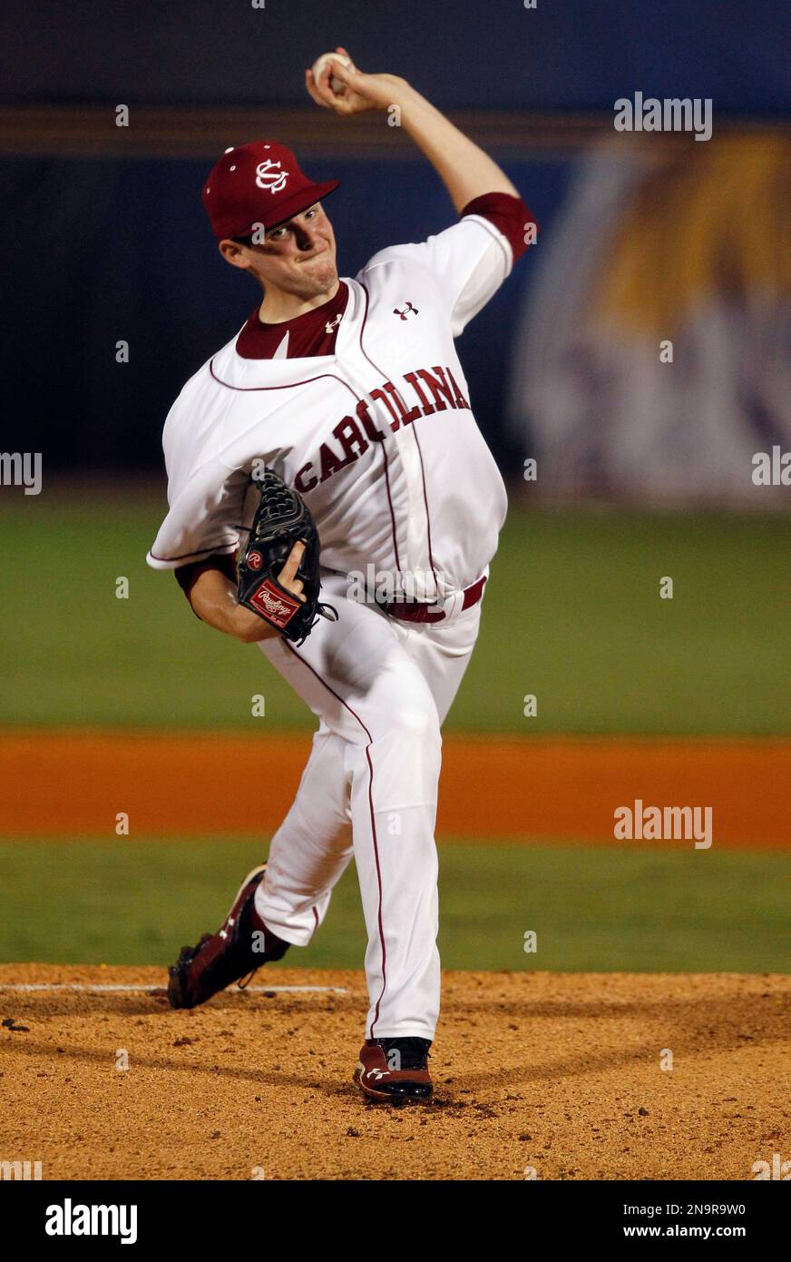 South Carolina's Jordan Montgomery pitches in the first inning of their  Southeastern Conference Tournament baseball game against Vanderbilt at the  Hoover Met in Hoover, Ala., Thursday, May 23, 2013. (AP Photo/Dave Martin