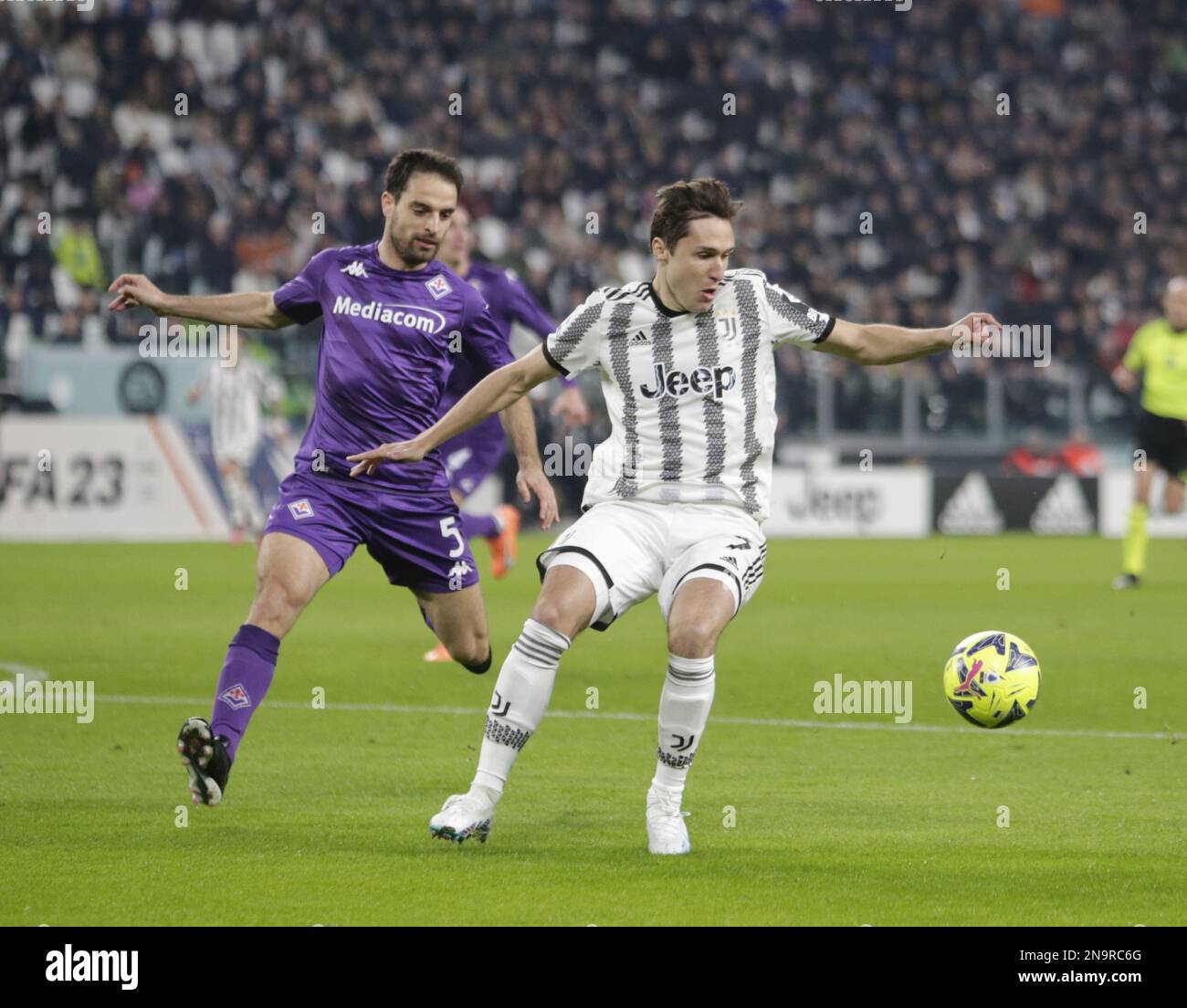 Nikola Milenkovic of Acf Fiorentina and Federico Chiesa of Juventus during  the Italian serie A, football match between Juventus Fc and Acf Fiorentina  on 12 February 2023 at Allianz Stadium, Turin, Italy. Photo Ndrerim Kaceli  - SuperStock