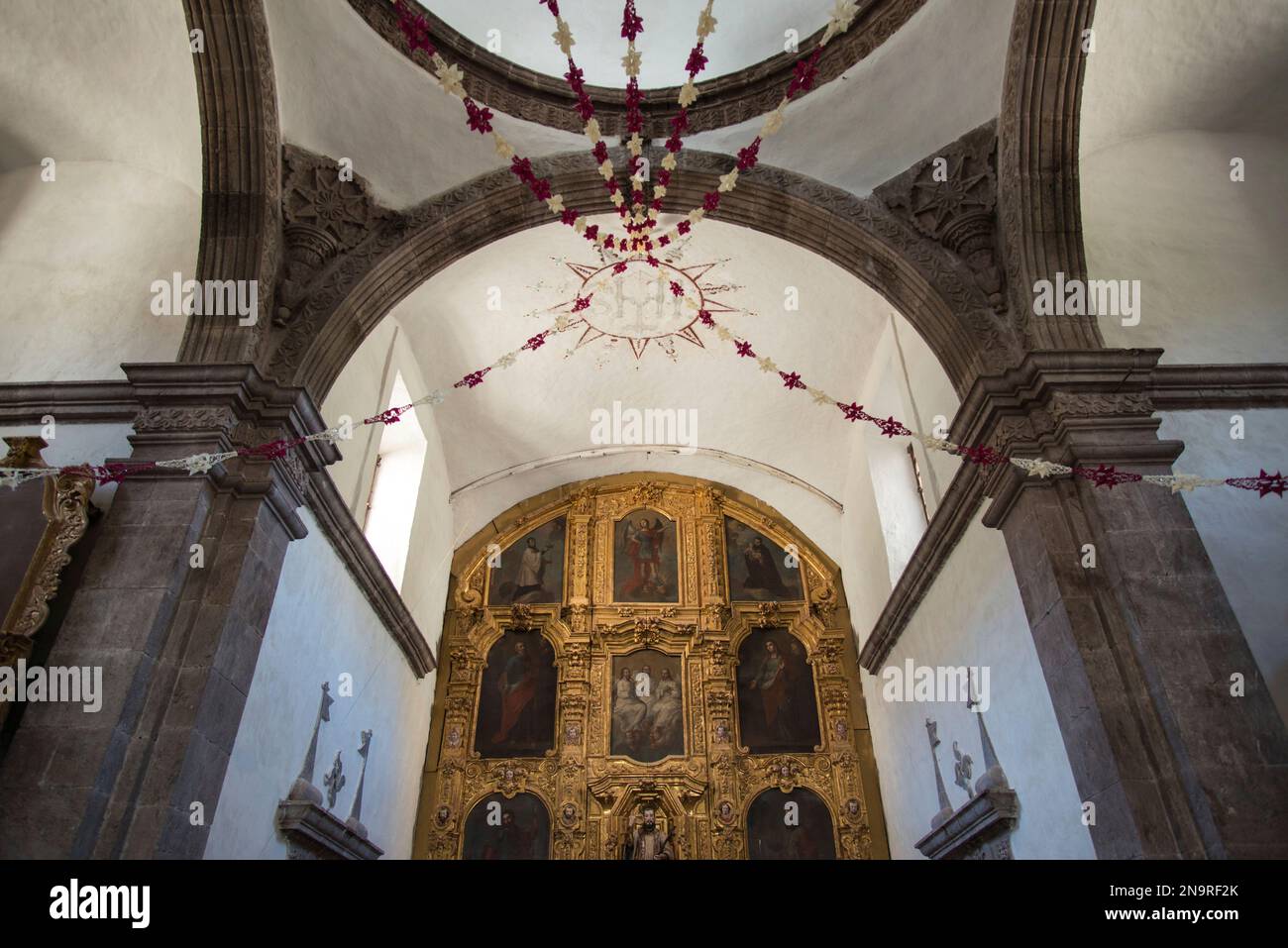 View of the altar and ceiling of San Javier Mission; San Javier Mission, Baja California Sur, Mexico Stock Photo