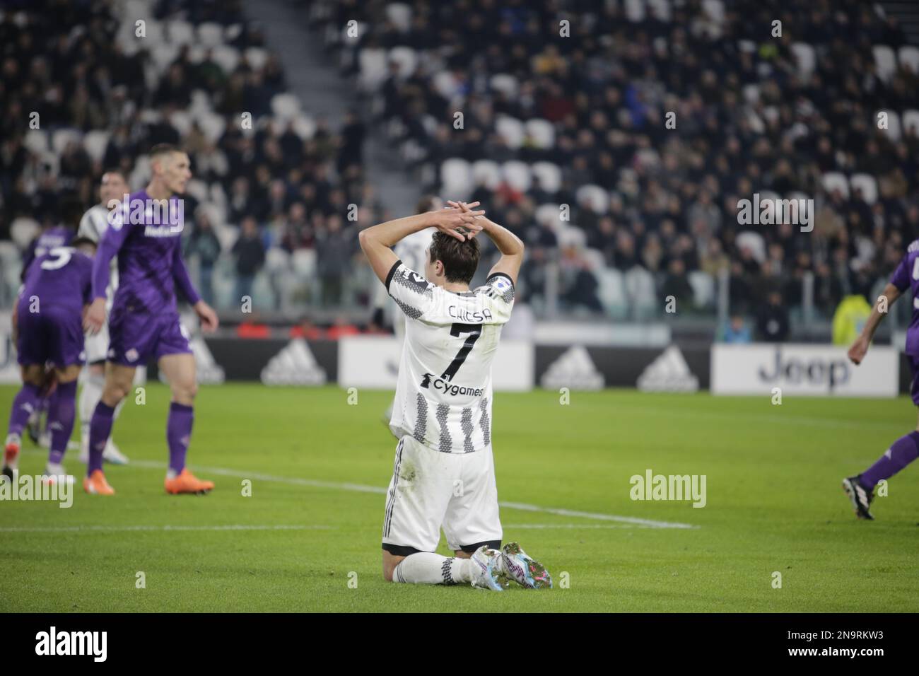 Nikola Milenkovic of Acf Fiorentina and Federico Chiesa of Juventus during  the Italian serie A, football match between Juventus Fc and Acf Fiorentina  on 12 February 2023 at Allianz Stadium, Turin, Italy. Photo Ndrerim Kaceli  - SuperStock