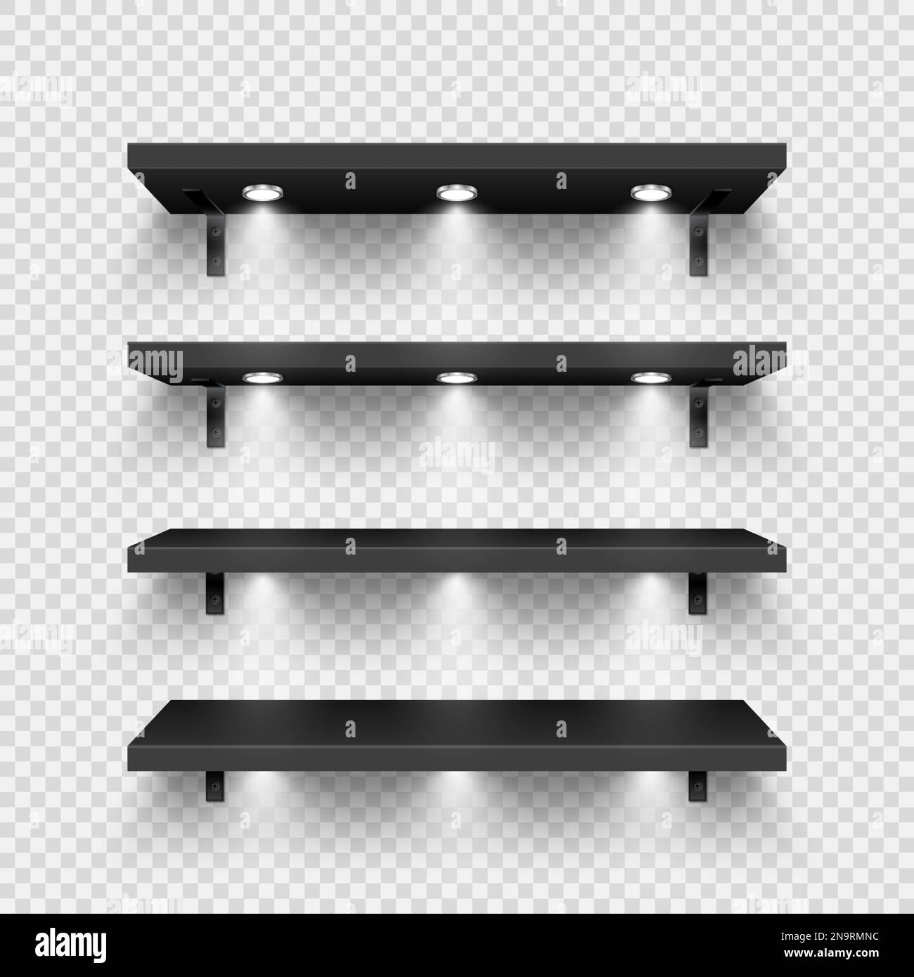 Realistic black store shelves with wall mount and lighting, spotlights. Empty product shelf