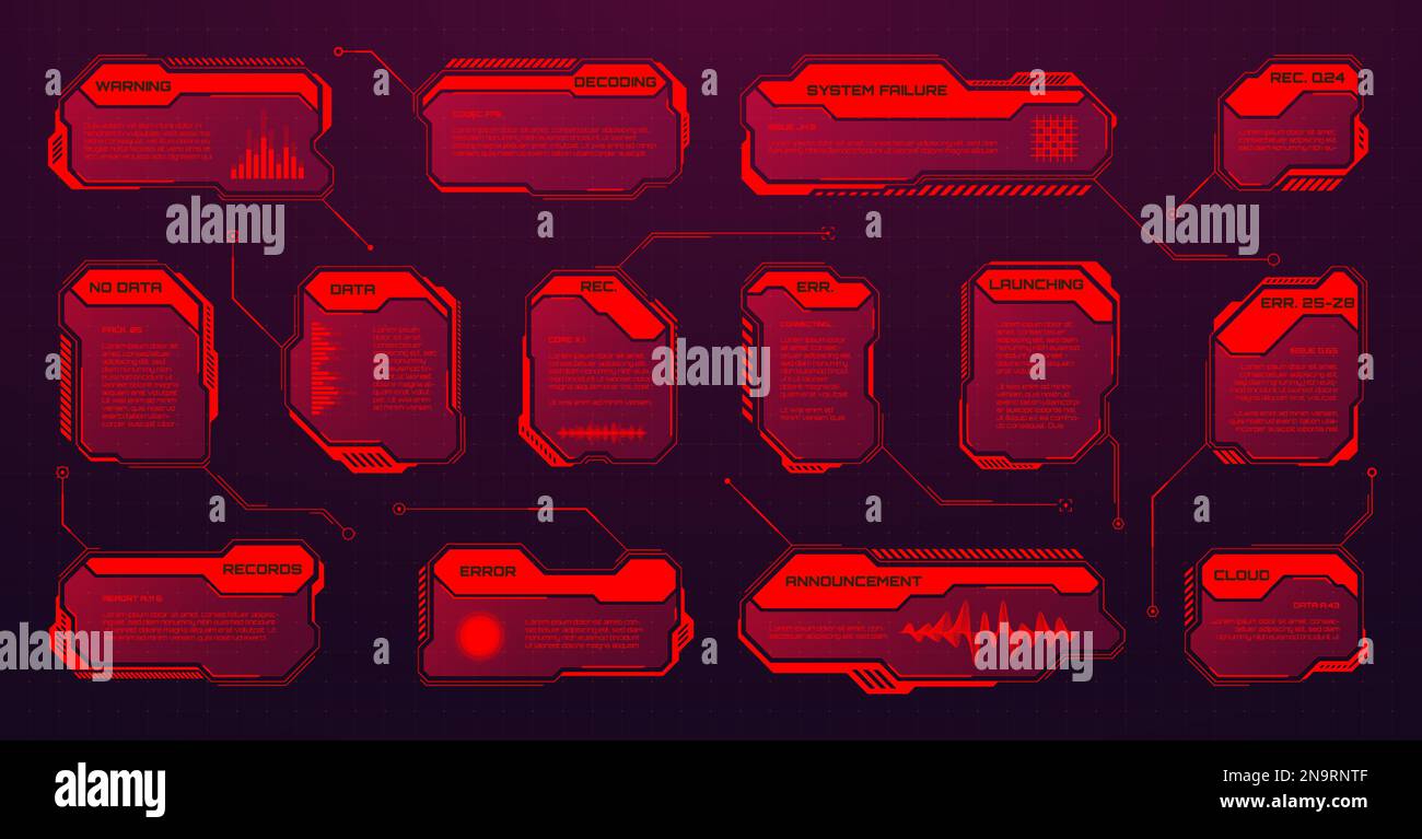 Red futuristic HUD or UI elements. Sci-fi user interface text boxes ...
