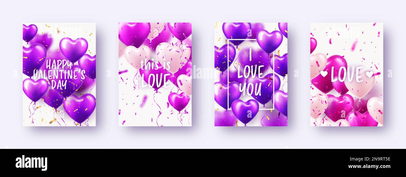 Valentine's Day banners with violet heart balloons and text. Wedding ...