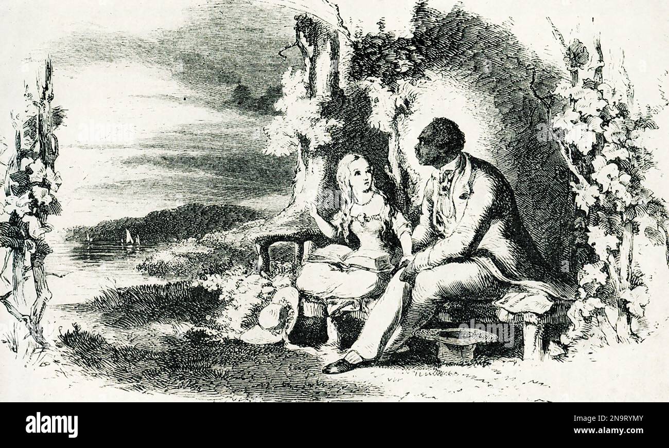 The 1903 caption reads: Uncle Tom and Eva.  from one of the first editions of 'Uncle Tom's Cabin,' published in 1852. 'Uncle Tom's Cabin' (with the subtitle of 'Life among the Lowly').' The author was Harriet Beecher Stoew. The novel was first published in 1852 and is credited as laying the groundwork for the Civil War. The tales in the novel revolve around Uncle Tom, a long-suffering black slave. Stock Photo
