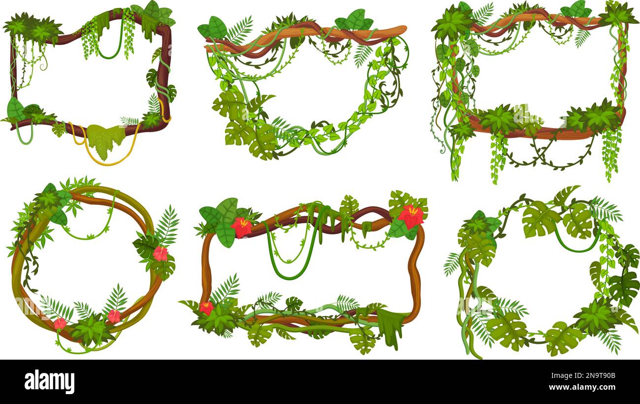 Liana frames. Rainforest thicket frame for game ui, cartoon jungle