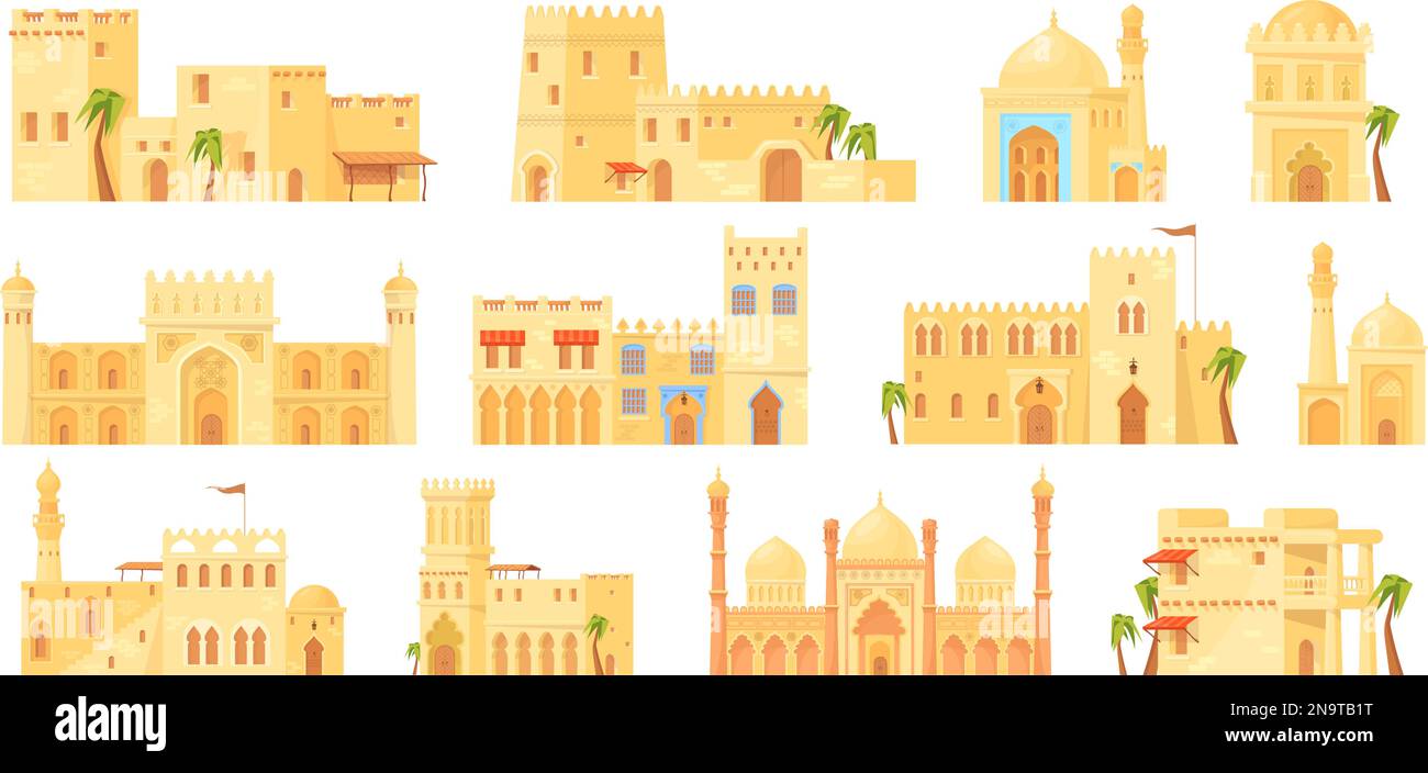 Islamic heritage buildings. Old brick building traditional arabic architecture, facade palais from arabia or africa desert arabian houses, ramadan vector illustration of ancient islamic heritage Stock Vector