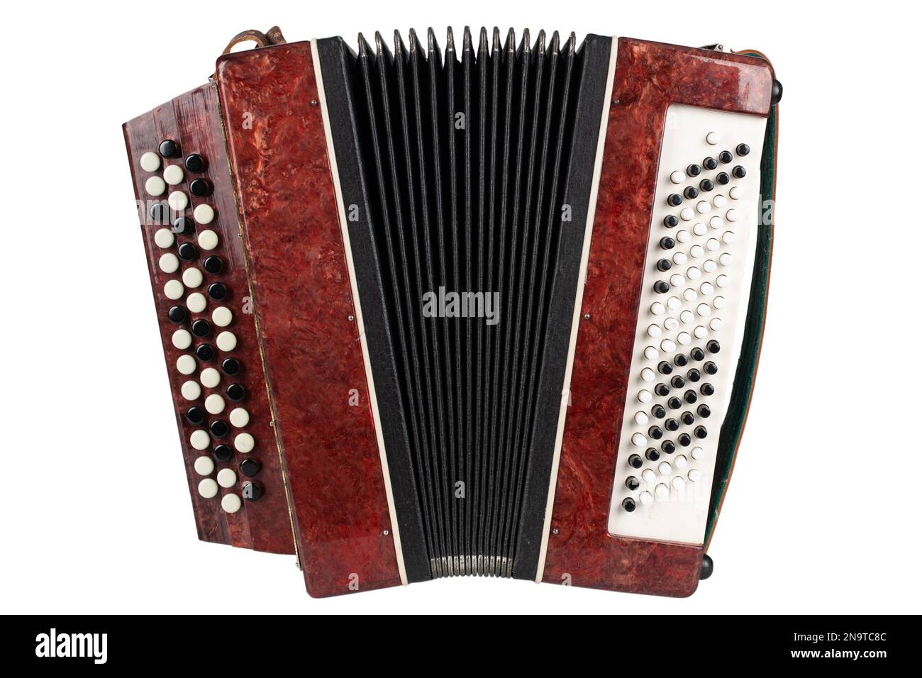 Small retro bayan (accordion). Folk musical instrument. Isolated on white background Stock Photo