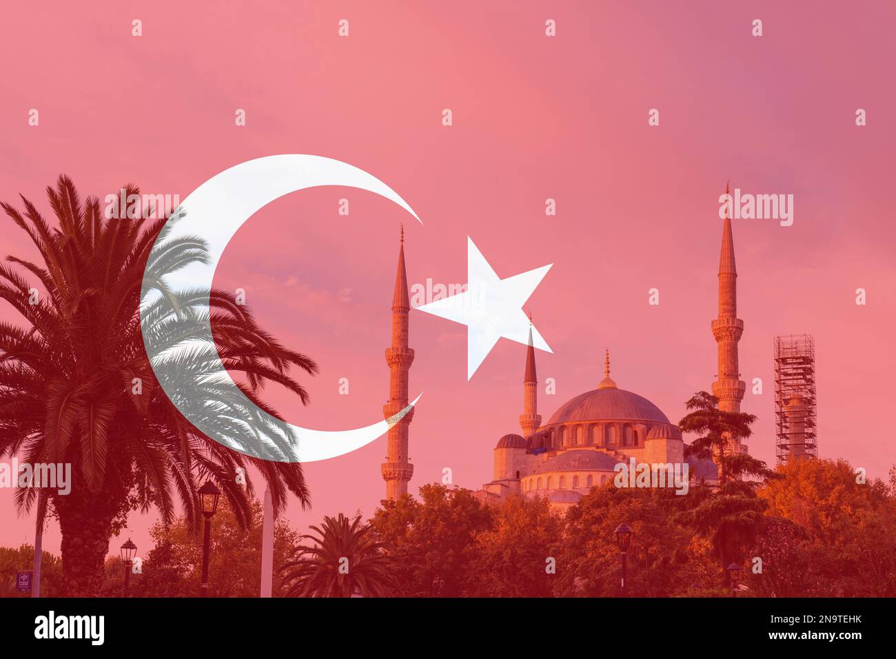 Turkish flag over Hagia Sophia. Flag of Turkiye imposed on Hagia Sofia, a famous landmark of Istanbul, Turkey Stock Photo