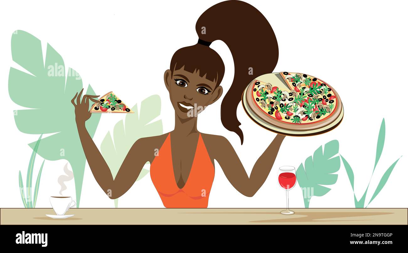 A dark-haired woman holds up a box of deliciously flavoured pizza. The drool is flowing. Stock Vector