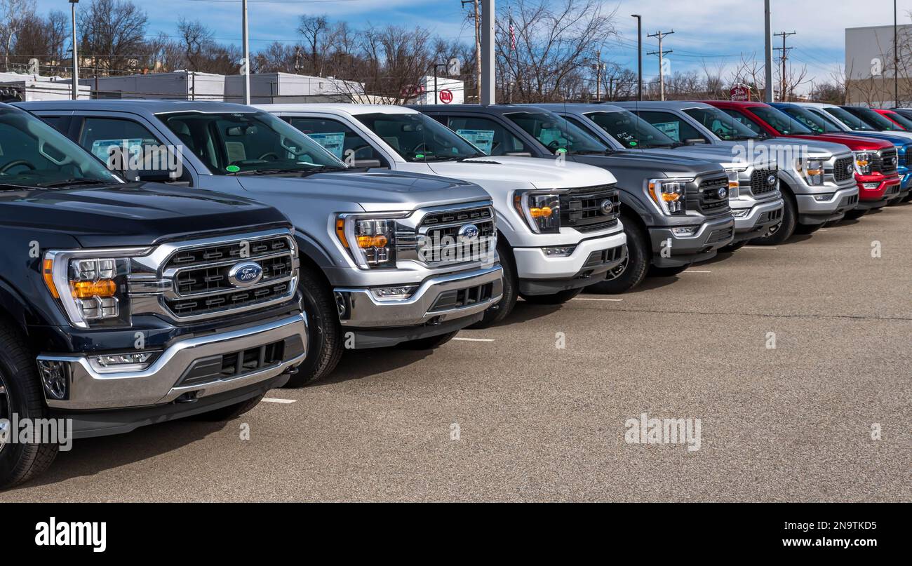 Ford Fi50 pickup trucks lined up for sale at a dealership in