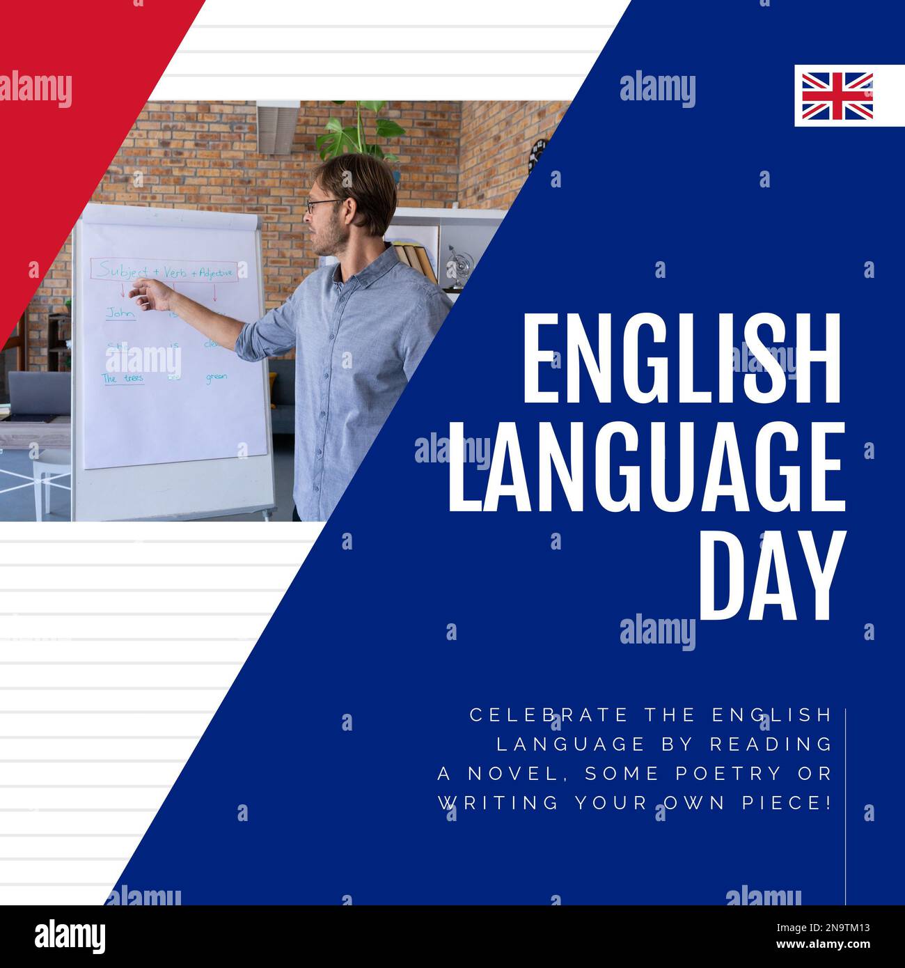 Composition of english language day text over caucasian male teacher Stock Photo