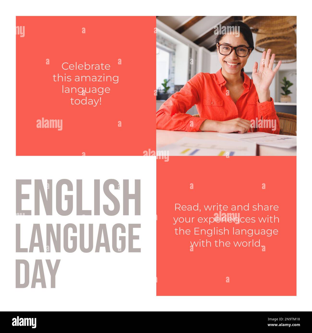 Composition of english language day text over happy biracial woman