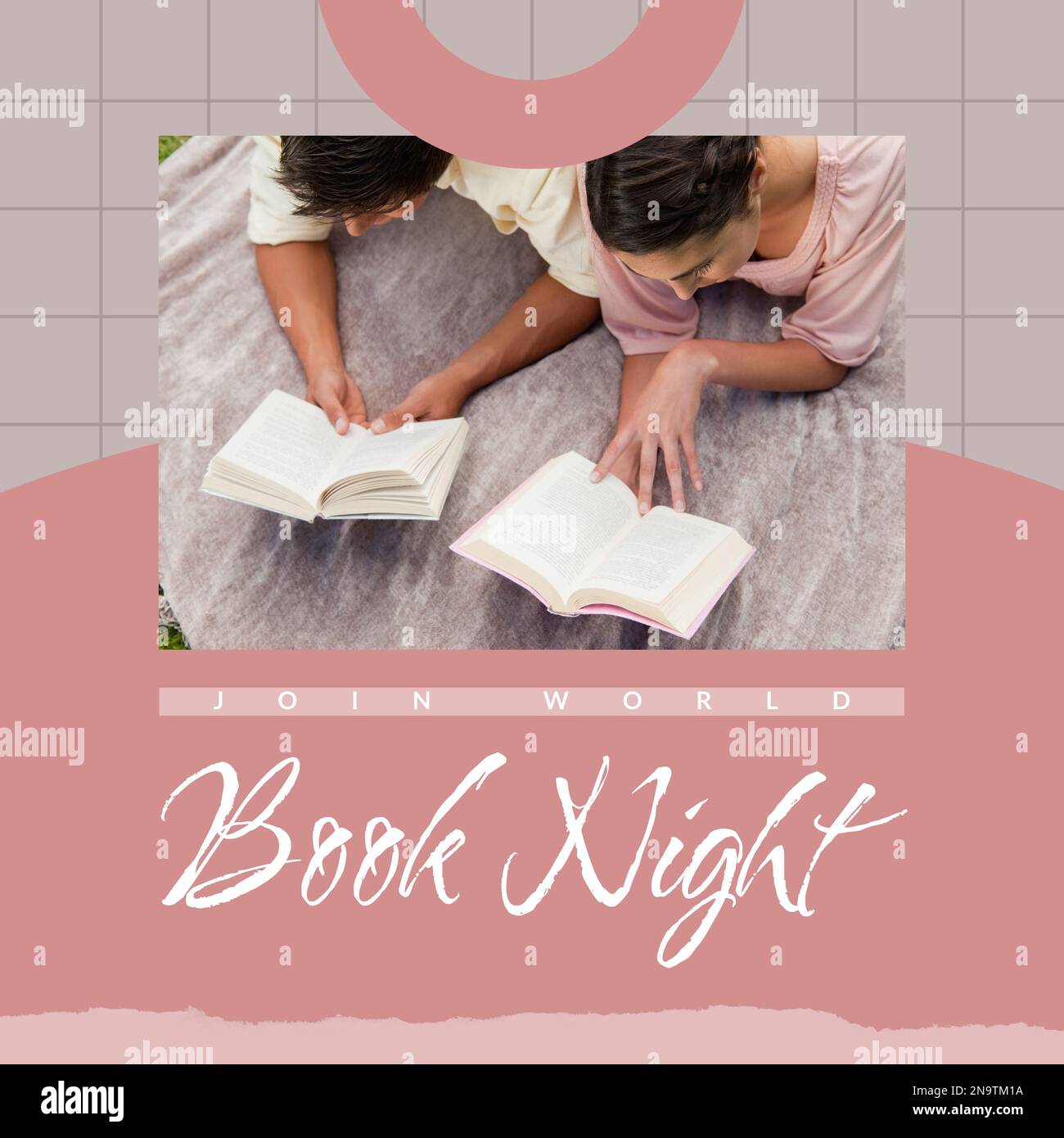 Composition of world book night text over couple reading books Stock