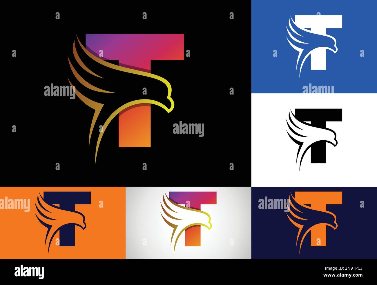 Initial T monogram letter with Eagle head negative space symbol ...