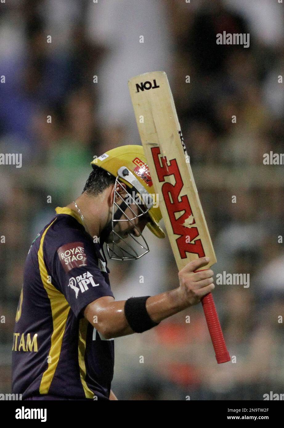 Kolkata Knight Riders' captain Gautam Gambhir reacts as he walks to pavilion after his dismissal during an Indian Premier League (IPL) cricket match against Chennai Super Kings' in Kolkata, India, Monday, May 14, 2012. (AP Photo/Bikas Das) Stock Photo