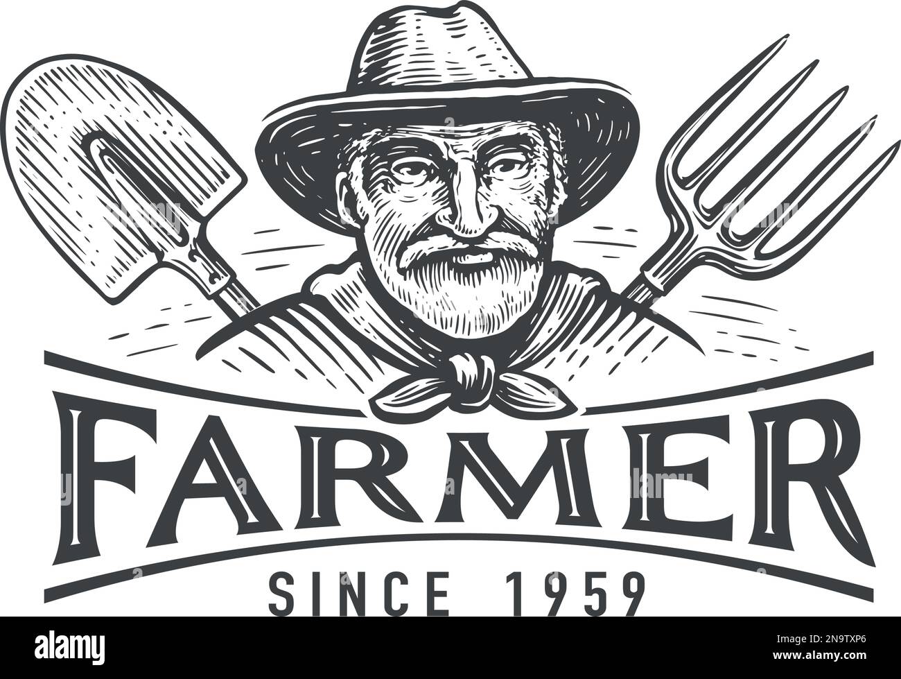 Portrait of an elderly farmer in a hat, spade and pitchfork, emblem. Farm, agriculture logo. Vintage vector illustration Stock Vector