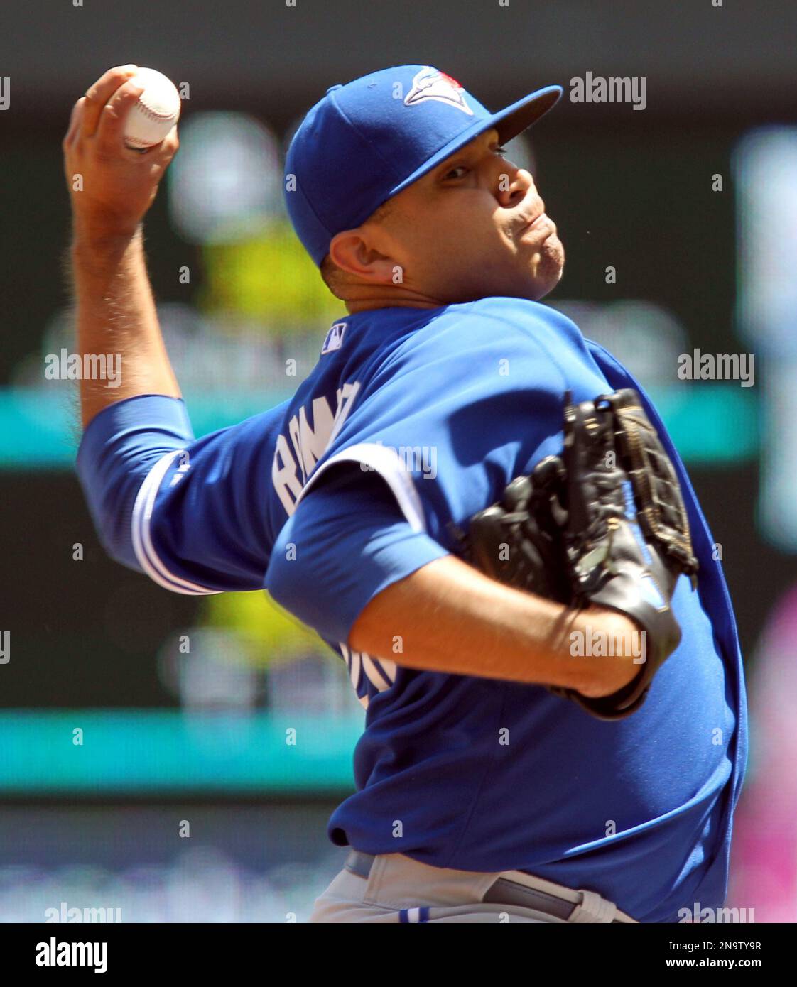 Toronto Blue Jays starting pitcher Ricky Romero throws against the  Minnesota Twins during the first inning of a baseball game on Sunday, May  13, 2012, in Minneapolis. (AP Photo/Genevieve Ross Stock Photo 