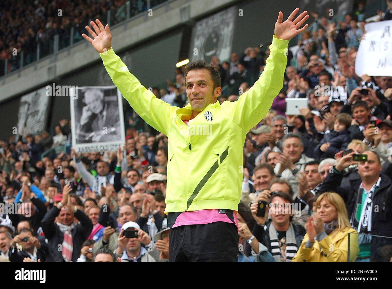 Juventus captain Alessandro Del Piero waves to supporters as he celebrates  the victory of the Italian 'scudetto' 2011-2012 after a Serie A soccer  match between Juventus and Atalanta at the Juventus Stadium