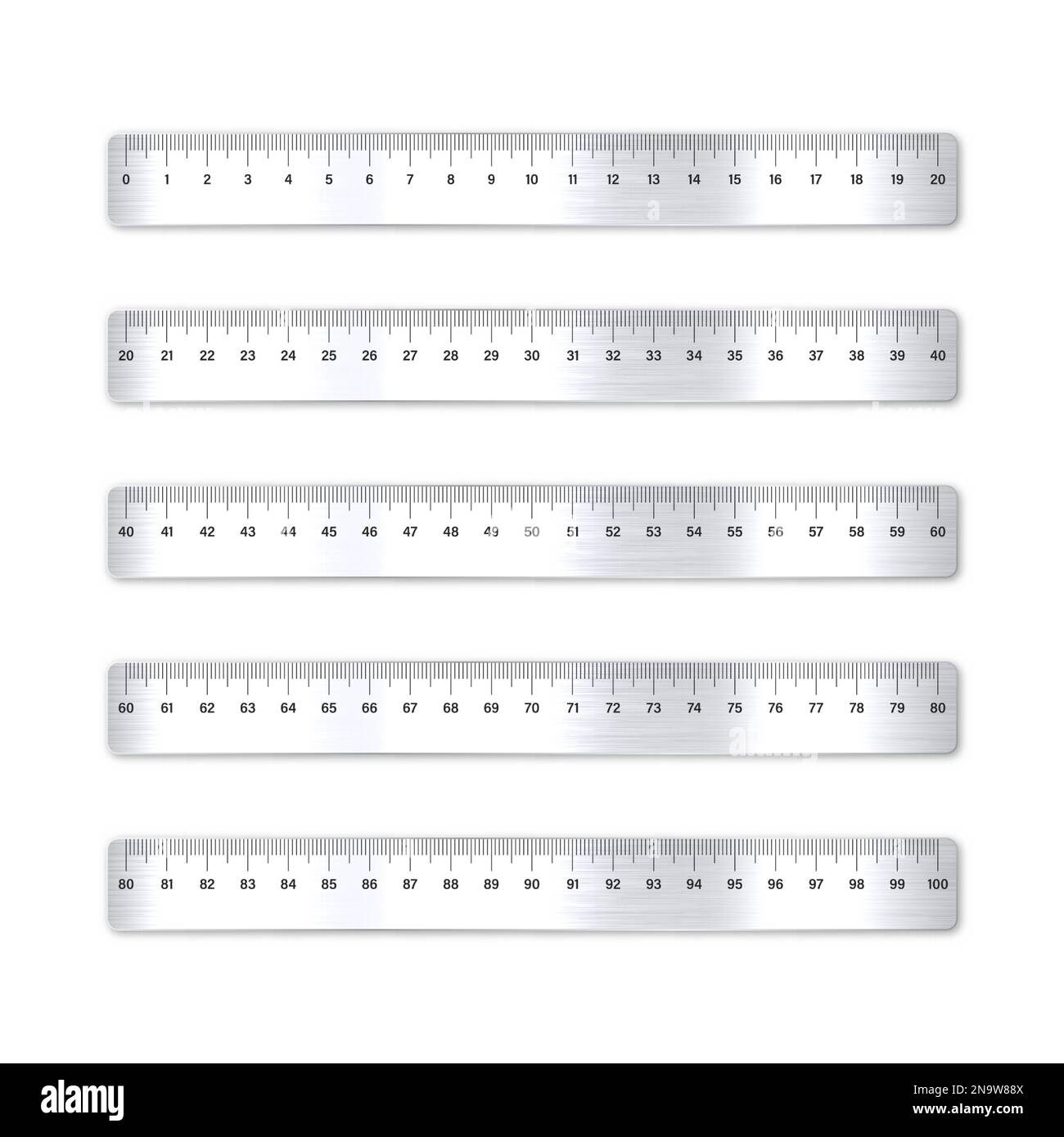 Realistic various brushed metal rulers with measurement scale and