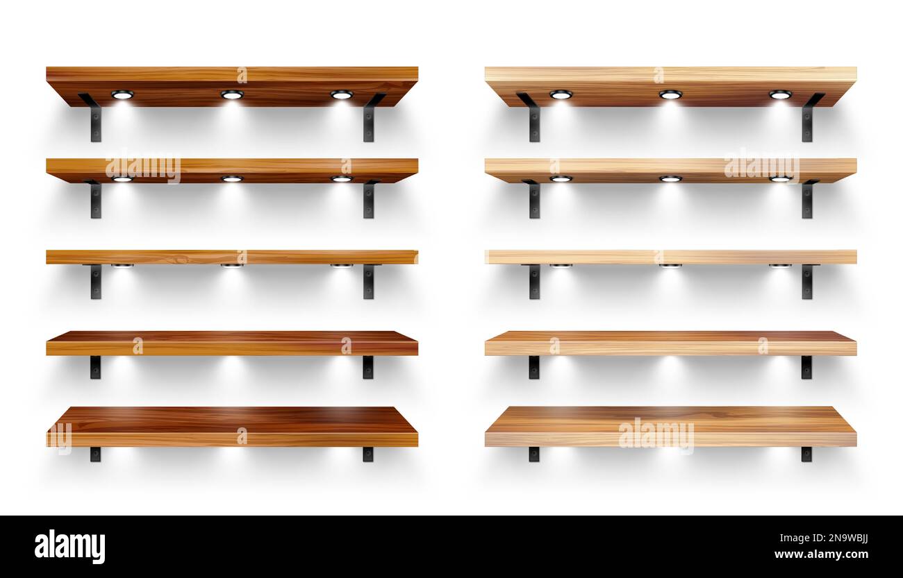 Realistic wooden store shelves with wall mount and lighting, spotlights