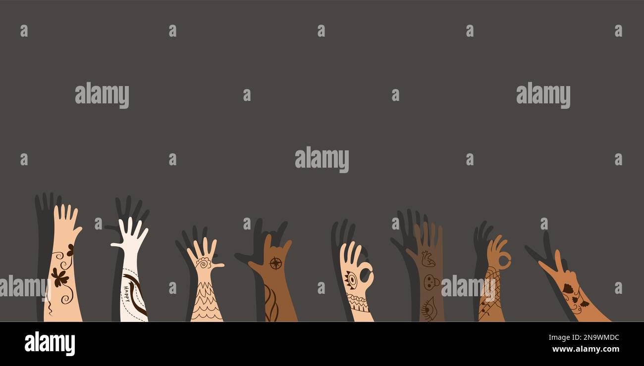 Coloured human raised hands tattooed with various gestures. Background for banner or landing page with freedom and tolerance to diversity idea. Stock Vector