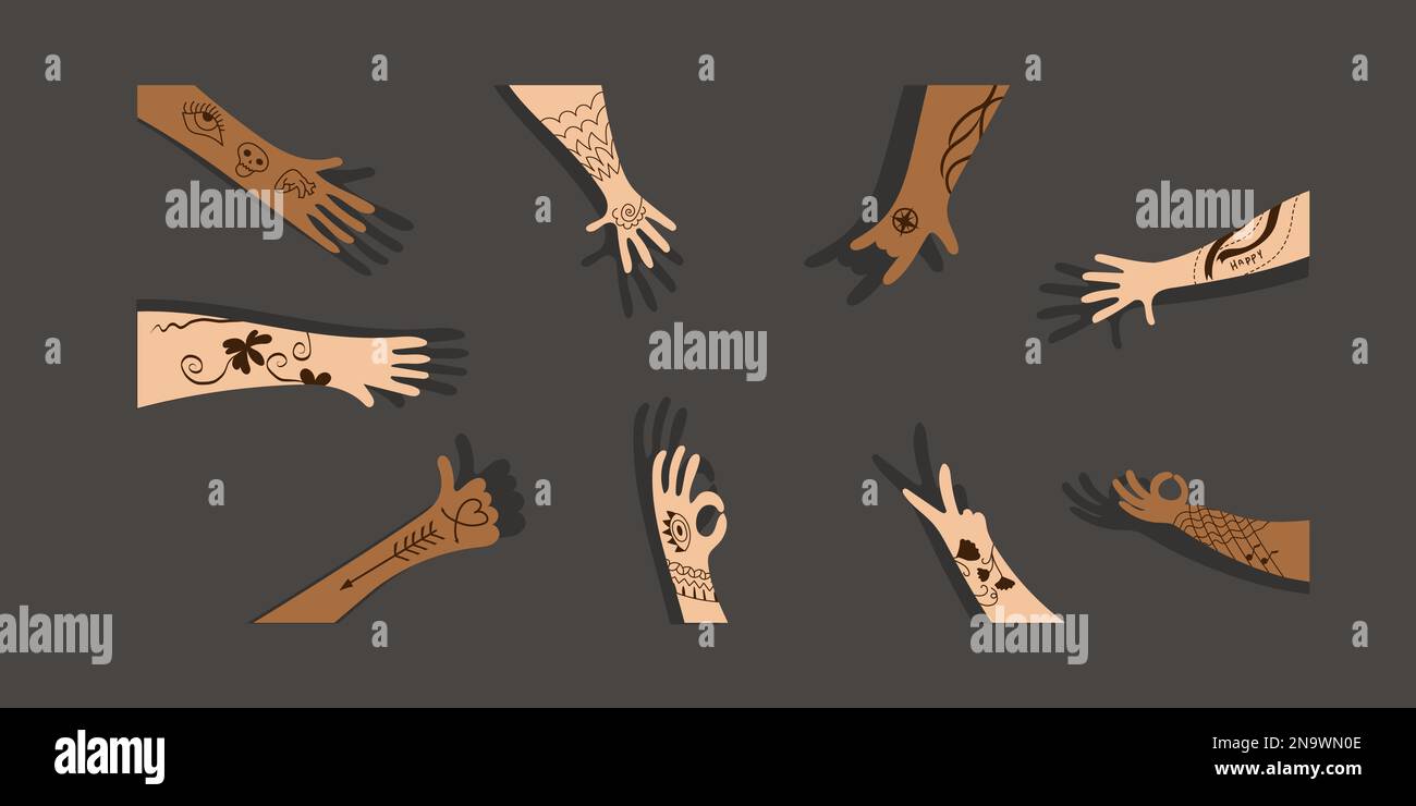 Coloured human raised hands tattooed with various gestures. Background for banner or landing page with freedom and tolerance to diversity idea. Stock Vector