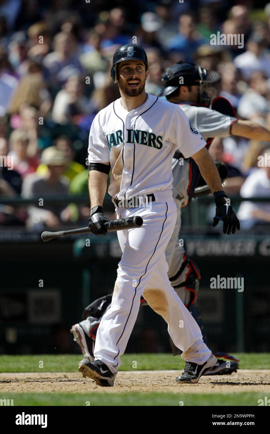 Seattle Mariners' Dustin Ackley reacts during an atbat against the