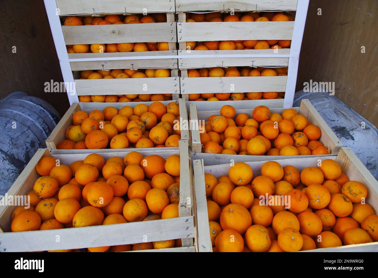 Boxes of oranges ,used for the battle of oranges of Ivrea Stock Photo